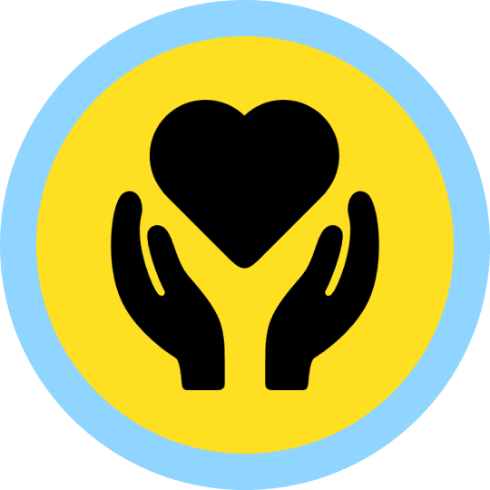 Black heart held by two hands inside a yellow circle.
